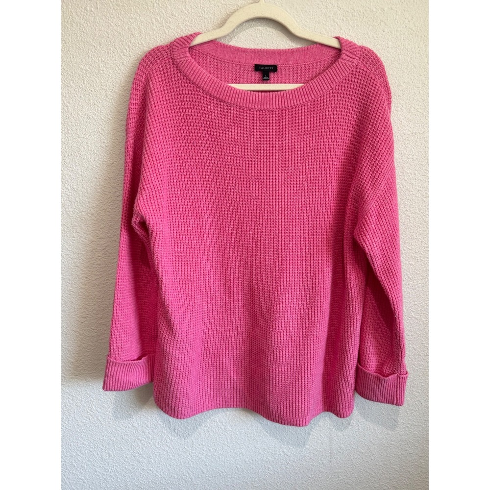 TALBOTS Women's Pink Waffle Knit Long Sleeve Sweater Size L Casual Soft Boho